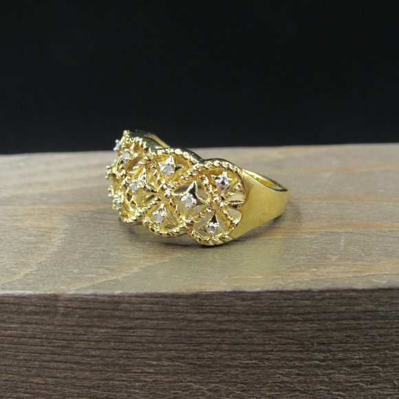 Size 7.75 Sterling Silver Fancy Diamond Chip Gold Plated Band Ring Vintage - Picture 3 of 8